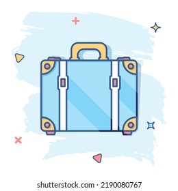 Icono de maleta de dibujos animados en estilo cómico. Caso de turismo, viaje, foto de la ilustración del viaje. Concepto de efecto de salpicadura comercial en maleta.