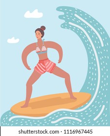 Vector cartoon summer beach and water sport activities cartoon female character young laughing surf woman couple on their surfboards in the sea waves, full length.