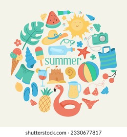 vector cartoon summer elements. Kids vacations doodle stickers, underwater and seaside icons. Cute tropical beach drink, sweets, decent vector kit, Summer season poster, beach holiday