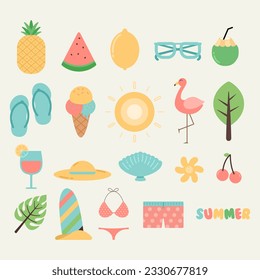 vector cartoon summer elements. Kids vacations stickers, underwater and seaside icons. Cute tropical beach drink, sweets, decent vector kit, Summer season poster, beach holiday