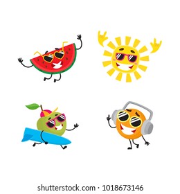 Vector cartoon summer fruit characters in sun glasses icon set. Orange in headphones, apple surfer, watermelon dancing, cool sun in glasses having fun smiling. Isolated illustration