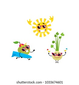 Vector cartoon summer fruit characters in sun glasses icon set. Apple surfer, cool sun in glasses showing rock, horns gesture having fun smiling. Isolated illustration