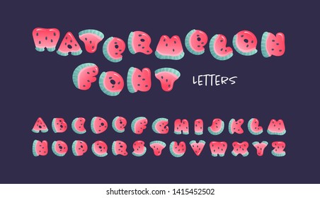 Vector cartoon summer fruit font. Alphabet with cute watermelon letters carved from slices of watermelon with seeds and small highlights isolated on black. Design for sale of children goods, services.