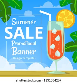 vector cartoon summer holiday vacation social banner with fresh juice drink and palm tree frame in blue sky with minimalist sale text box