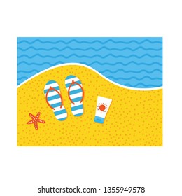 Vector cartoon summer illustration with flip flops, sunscreen cream bottle and starfish on the beach, sea sand.