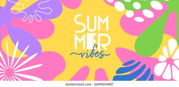 Vector cartoon summer illustration. Geometric background with abstract shape and tropical leaves. Flat creative seasonal style design of template with summer text for party banner, poster, card, cover