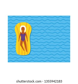 Vector cartoon summer illustration with woman floating on pool mattress in swimming pool.