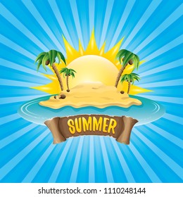vector cartoon summer label with island tropical beach, sun, palm trees, clouds and vintage ribbon for text. summer fun vector design elements set isolated on blue background wit rays of light