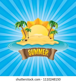 vector cartoon summer label with island tropical beach, sun, palm trees, clouds and vintage ribbon for text. summer fun vector design elements set isolated on blue background wit rays of light