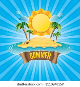 vector cartoon summer label with island tropical beach, sun, palm trees, clouds and vintage ribbon for text. summer fun vector design elements set isolated on blue background wit rays of light