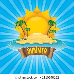 vector cartoon summer label with island tropical beach, sun, palm trees, clouds and vintage ribbon for text. summer fun vector design elements set isolated on blue background wit rays of light