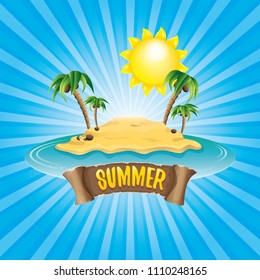 vector cartoon summer label with island tropical beach, sun, palm trees, clouds and vintage ribbon for text. summer fun vector design elements set isolated on blue background wit rays of light