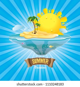 vector cartoon summer label with island tropical beach, sun, palm trees, clouds and vintage ribbon for text. summer fun vector design elements set isolated on blue background wit rays of light