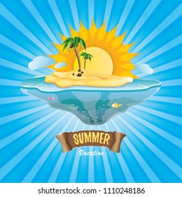 vector cartoon summer label with island tropical beach, sun, palm trees, clouds and vintage ribbon for text. summer fun vector design elements set isolated on blue background wit rays of light