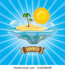 vector cartoon summer label with island tropical beach, sun, palm trees, clouds and vintage ribbon for text. summer fun vector design elements set isolated on blue background wit rays of light