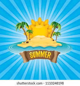 vector cartoon summer label with island tropical beach, sun, palm trees, clouds and vintage ribbon for text. summer fun vector design elements set isolated on blue background wit rays of light