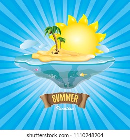 vector cartoon summer label with island tropical beach, sun, palm trees, clouds and vintage ribbon for text. summer fun vector design elements set isolated on blue background wit rays of light