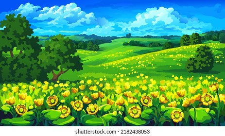 Vector cartoon summer landscape. Field of blooming yellow flowers and green hills to the horizon.