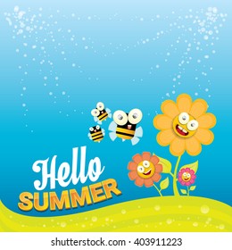vector cartoon summer landscape with green grass, flowers and flying insects. Honey bees collect pollen and nectar