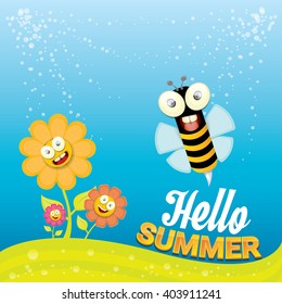 vector cartoon summer landscape with green grass, flowers and flying insects. Honey bees collect pollen and nectar