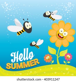 vector cartoon summer landscape with green grass, flowers and flying insects. Honey bees collect pollen and nectar