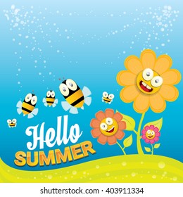 vector cartoon summer landscape with green grass, flowers and flying insects. Honey bees collect pollen and nectar
