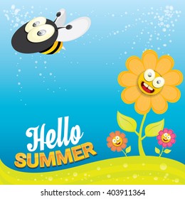 vector cartoon summer landscape with green grass, flowers and flying insects. Honey bees collect pollen and nectar