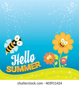 vector cartoon summer landscape with green grass, flowers and flying insects. Honey bees collect pollen and nectar