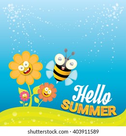 vector cartoon summer landscape with green grass, flowers and flying insects. Honey bees collect pollen and nectar