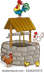 Vector cartoon summer landscape with vintage well with wooden roof, pulley and bucket. Basin for water source or spring near farm or village