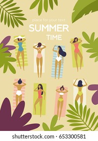 Vector cartoon summer poster. Girls in bikini relax and sunbath in the beach. Set of eight cute character. Holidays, tropical plants. Place for your text. Top view, bird's-eye