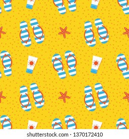 Vector cartoon summer seamless pattern background with flip flops, sunscreen cream bottle and starfish on sea sand, beach.