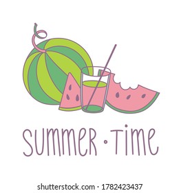 Vector cartoon summer still life with watermelon and juice