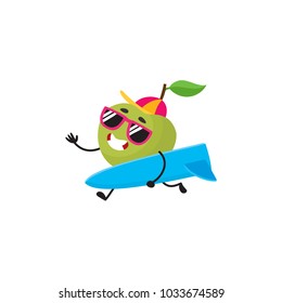 Vector cartoon summer symbol fruit character in sunglasses, cap icon. Apple going to beach surfing holding surf smiling, Isolated illustration on a white background.