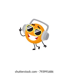 Vector cartoon summer symbol fruit character in sunglasses icon. Orange in headphones dancing at party smiling, Isolated illustration on a white background.