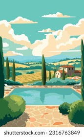 Vector cartoon summer a terrace overlooking landscape with villa and swimming pool with deck chairs on poolside. Hills, trees and mountains on the background.