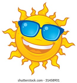 Vector cartoon sun character wearing sunglasses. Great for summer designs.