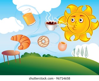 Vector cartoon sun enjoys a new morning and breakfast