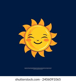 Vector cartoon sun with a face in a simple emblem style, featuring black and white line art as well as a color drawing. The illustration is isolated.