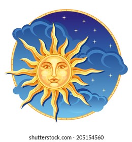 Vector cartoon sun with face in the starry sky