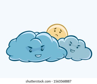 Vector cartoon sun hidden behind dull clouds. Drawing of two sneering clouds and pale sun