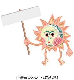 Vector of cartoon sun holding banner. Concepts and themes of weather, global warming, greenhouse effect, geography, meteorology, environment