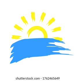 Vector cartoon sun with a piece of sky. Hot weather design. Symbol of a happy summer or spring.