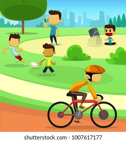 vector cartoon sunday morning city park  holiday family activity with kid playing sandcastle, football soccer, cycling guy and men using smartphone illustration scene