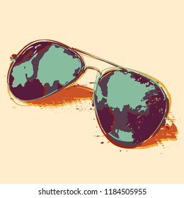 Vector cartoon sunglasses. Retro card. Psychedelic style poster.