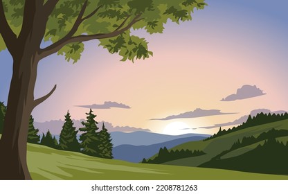 El paisaje del amanecer vectorial en la montaña con bosque