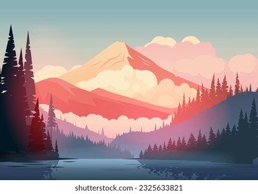 Vector cartoon sunset landscape with orange clouds, silhouettes of mountains. Beautiful vector background with sun lit mountain, hills, forest and lake.