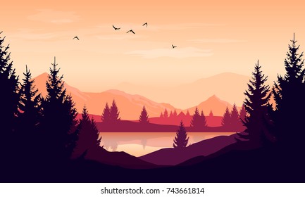 Vector cartoon sunset landscape and orange sky  silhouettes mountains  hills   trees   lake