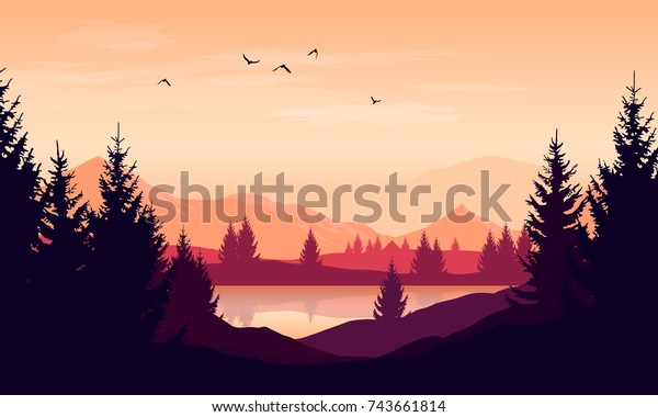 Vector cartoon sunset landscape\
with orange sky, silhouettes of mountains, hills and trees and\
lake