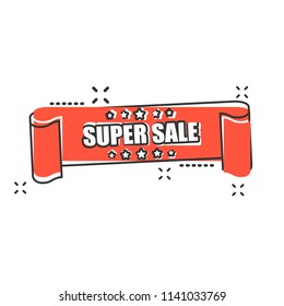 Vector cartoon super sale ribbon icon in comic style. Discount, sale sticker label sign illustration pictogram. Super sale tag business splash effect concept.